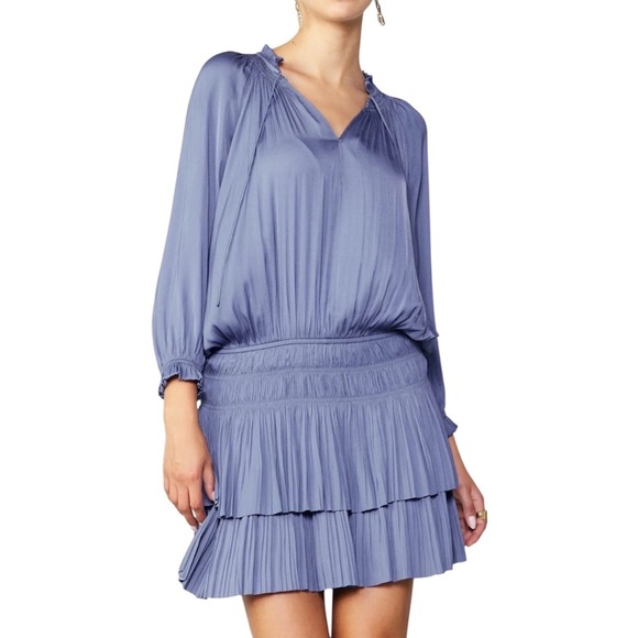 Anthropologie Current Air‎ Smocked Mini Dress Aurelie Pleated Long Sleeve Blue M - Picture 1 of 15